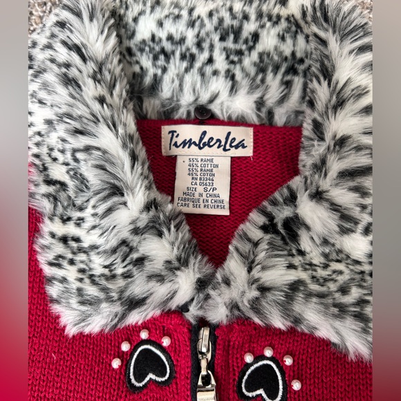 TimberLea Cat Lover Novelty Cardigan Sweater w/detachable faux fur collar size S - Picture 6 of 11